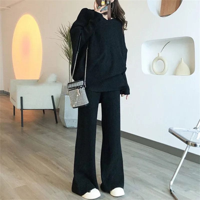 2024 spring new arrival fashion lady v neck batwing sleeve top with long pants sweater twin set