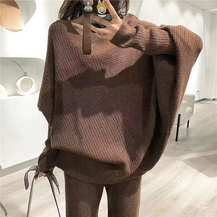 2024 spring new arrival fashion lady v neck batwing sleeve top with long pants sweater twin set