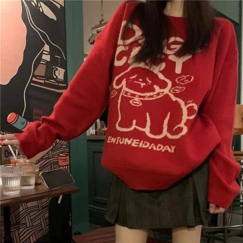 2024 spring new arrival fashion women's round neck long sleeve cartoon letter jacquard loose pullover sweater