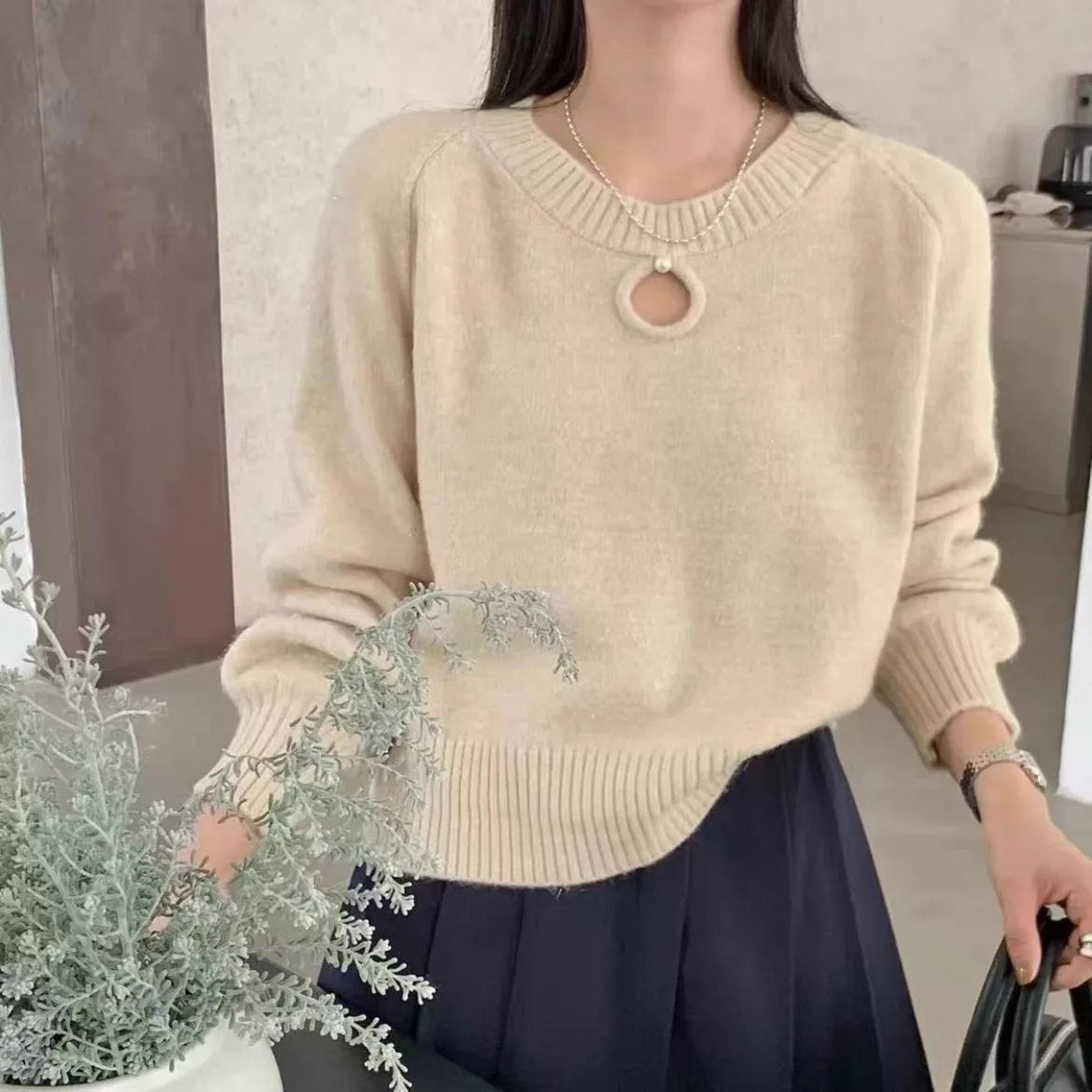 2024 Spring new arrival girls crew neck long sleeve beading solid color classic elegant sweater jumper