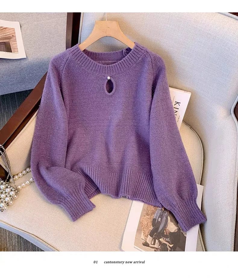 2024 Spring new arrival girls crew neck long sleeve beading solid color classic elegant sweater jumper