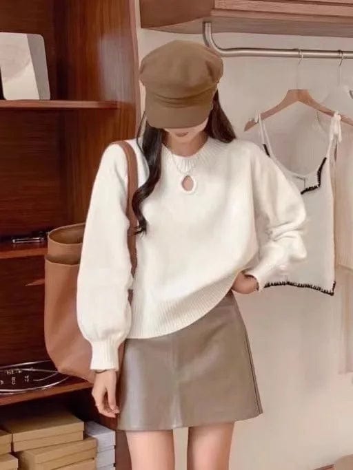 2024 Spring new arrival girls crew neck long sleeve beading solid color classic elegant sweater jumper