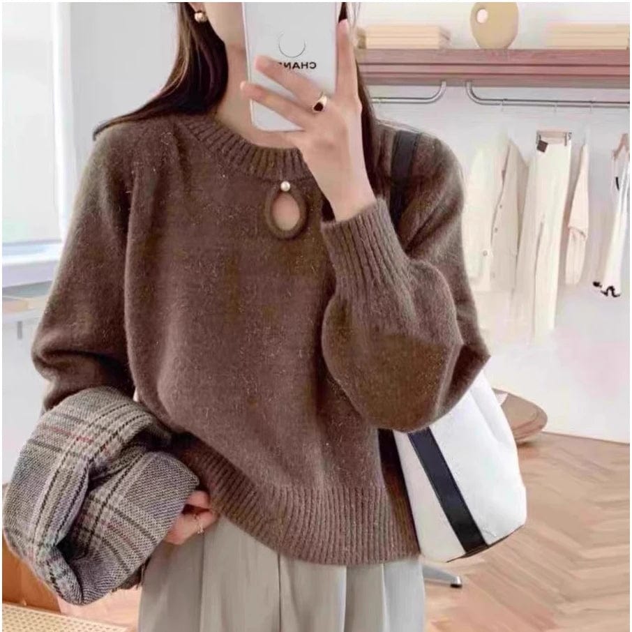 2024 Spring new arrival girls crew neck long sleeve beading solid color classic elegant sweater jumper