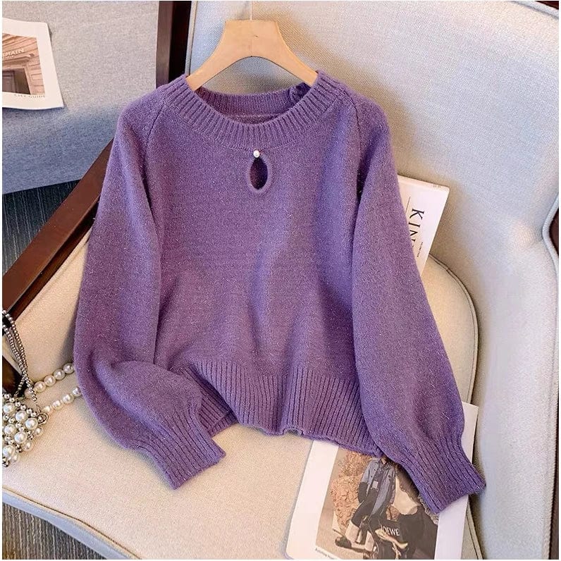 2024 Spring new arrival girls crew neck long sleeve beading solid color classic elegant sweater jumper