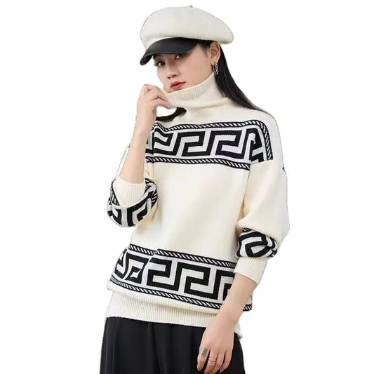 2024 spring new arrival high-quality semi-high-neck long sleeve loose striped print fashion women's pullover knitwear