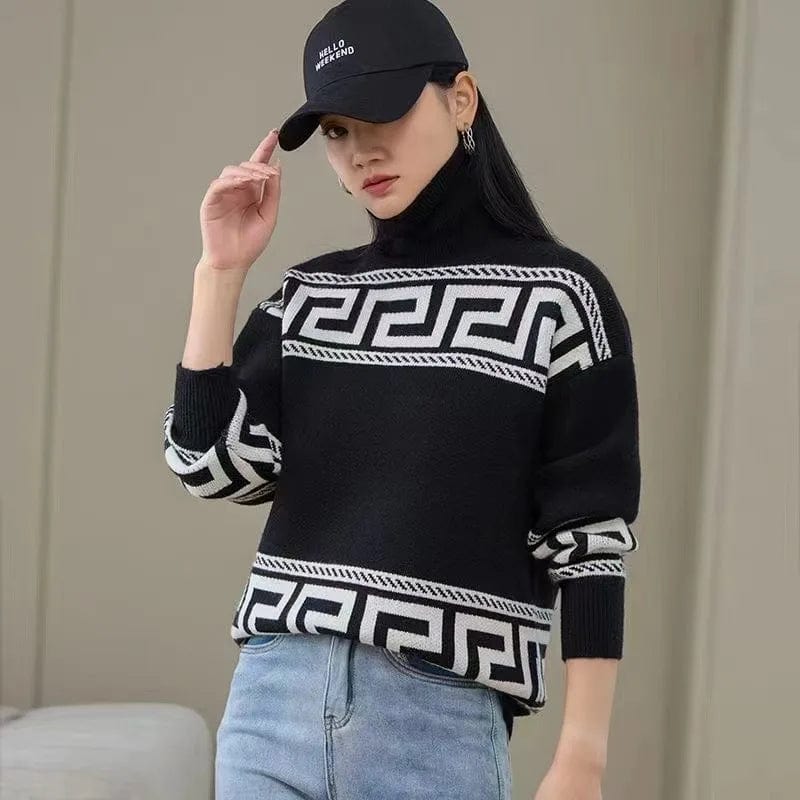 2024 spring new arrival high-quality semi-high-neck long sleeve loose striped print fashion women's pullover knitwear