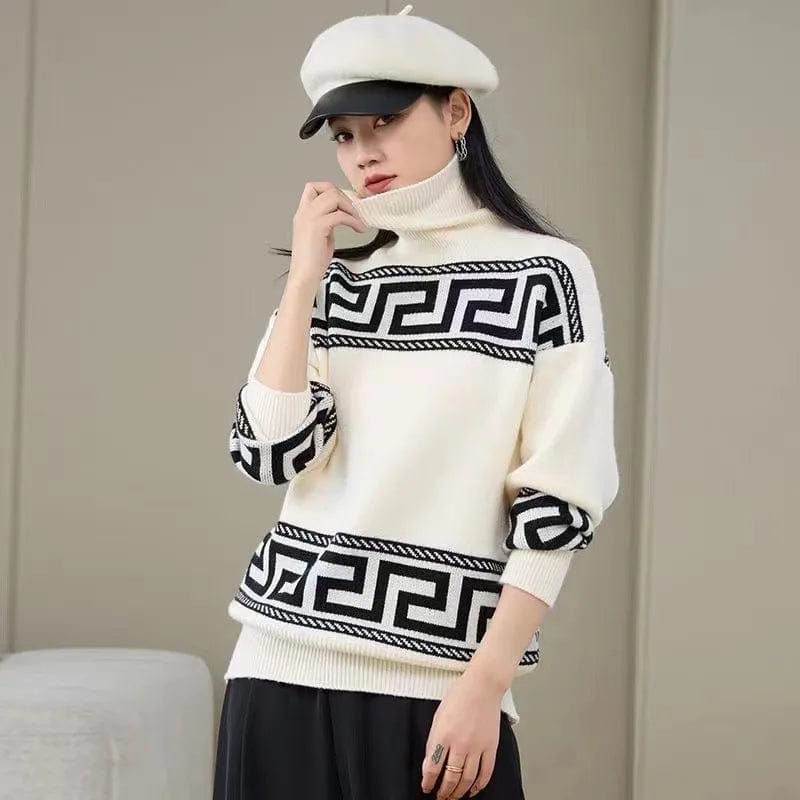 2024 spring new arrival high-quality semi-high-neck long sleeve loose striped print fashion women's pullover knitwear