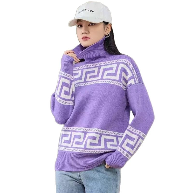 2024 spring new arrival high-quality semi-high-neck long sleeve loose striped print fashion women's pullover knitwear