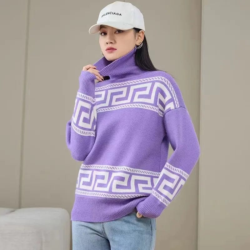 2024 spring new arrival high-quality semi-high-neck long sleeve loose striped print fashion women's pullover knitwear