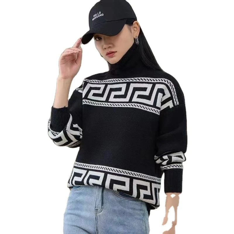 2024 spring new arrival high-quality semi-high-neck long sleeve loose striped print fashion women's pullover knitwear