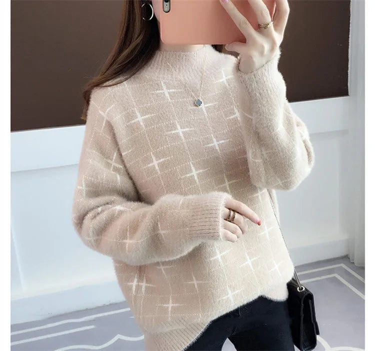 2024 Spring new arrival Ladies mock neck long sleeve loose fit cable knit women sweater jumper