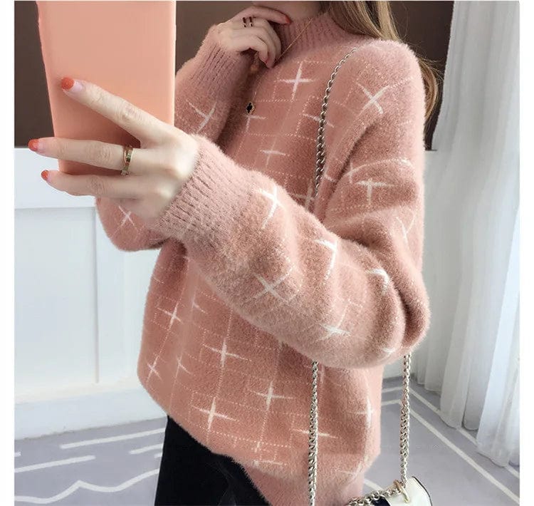 2024 Spring new arrival Ladies mock neck long sleeve loose fit cable knit women sweater jumper