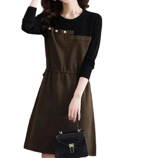 2024 Spring new arrival lady crew neck long sleeve color blocking dress elegant style cable knit sweater dress