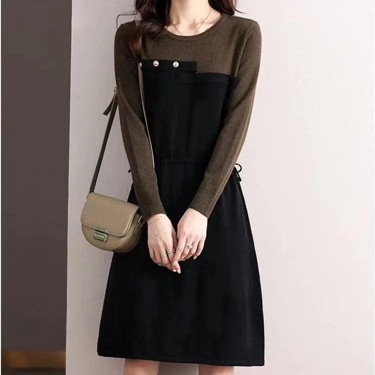 2024 Spring new arrival lady crew neck long sleeve color blocking dress elegant style cable knit sweater dress