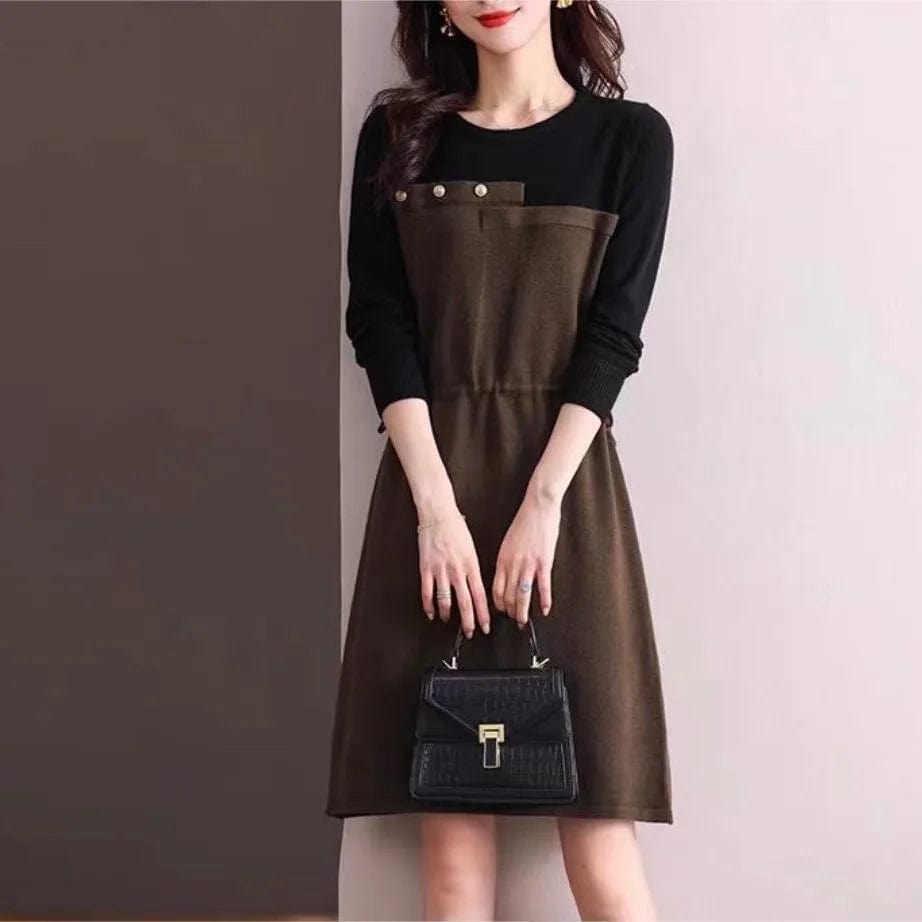 2024 Spring new arrival lady crew neck long sleeve color blocking dress elegant style cable knit sweater dress