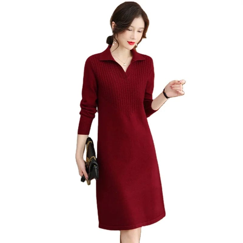 2024 Spring new arrival lady V- neck lapel long sleeve cable knit dress sweater dress