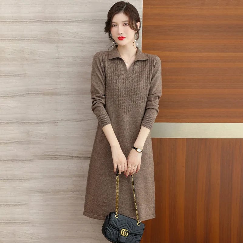 2024 Spring new arrival lady V- neck lapel long sleeve cable knit dress sweater dress