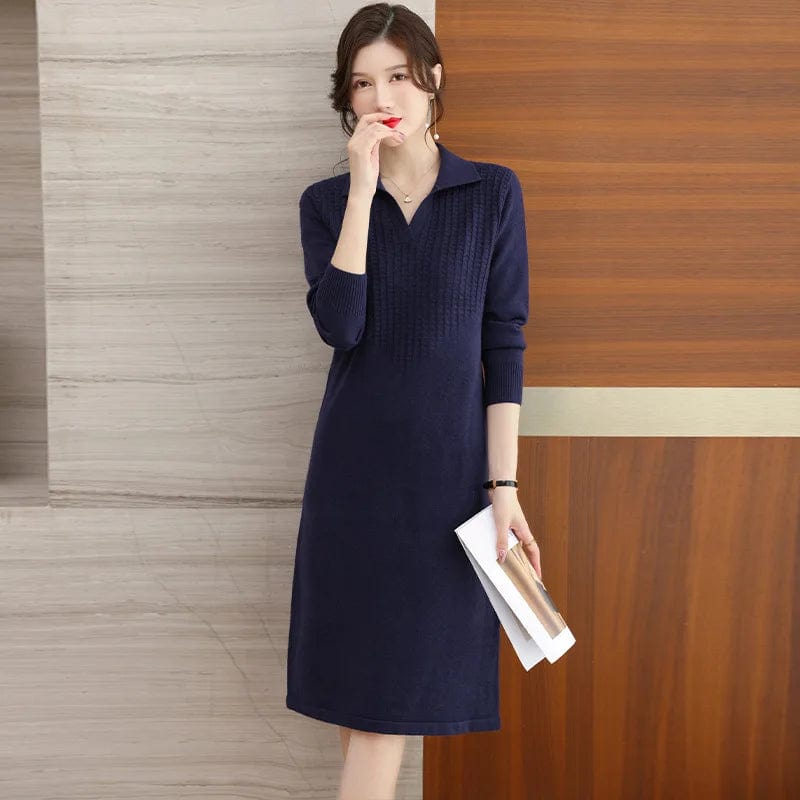 2024 Spring new arrival lady V- neck lapel long sleeve cable knit dress sweater dress