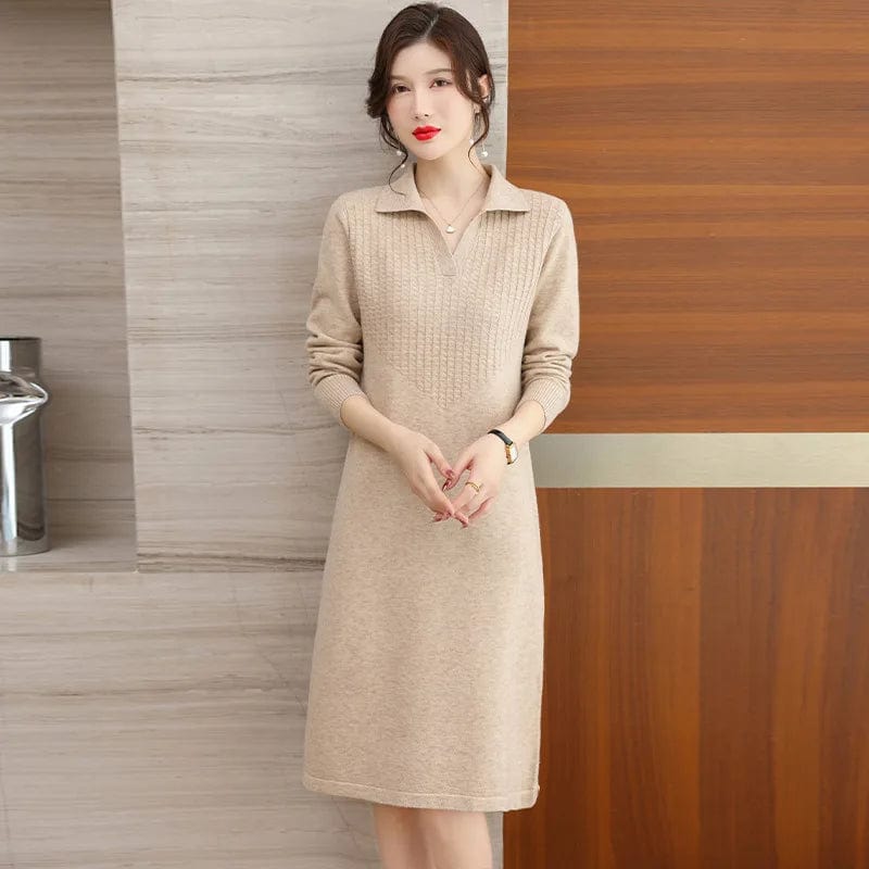 2024 Spring new arrival lady V- neck lapel long sleeve cable knit dress sweater dress