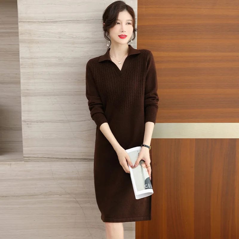 2024 Spring new arrival lady V- neck lapel long sleeve cable knit dress sweater dress