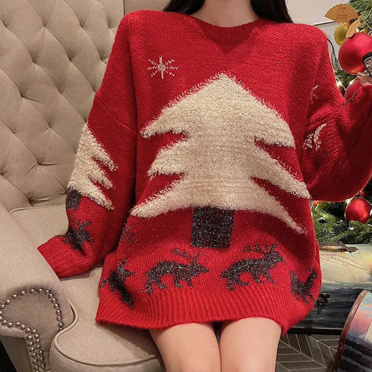 2024 Spring new arrival neck long sleeve loose santa tree Vintage Top jacquard christmas sweater