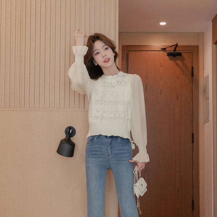 2024 Spring new arrival office lady long sleeve jumper lace thin women sweater pullover