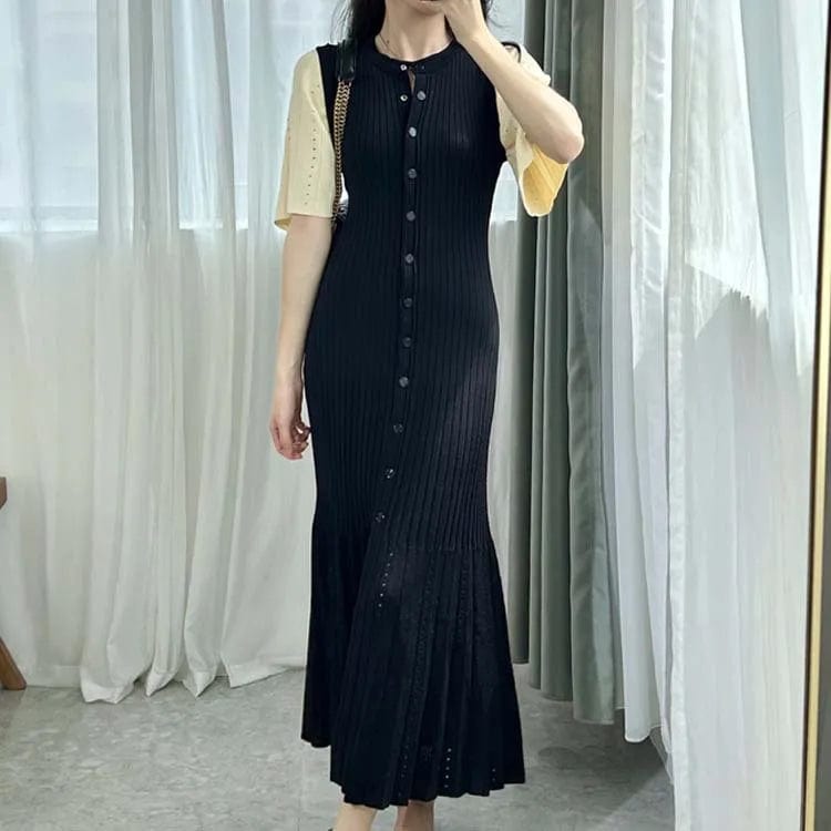 2024 Spring New Fashion Ladies Office Wear Button Waist Lantern Long Sleeve Long Dress Women