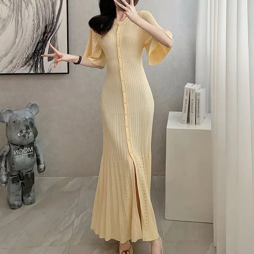 2024 Spring New Fashion Ladies Office Wear Button Waist Lantern Long Sleeve Long Dress Women