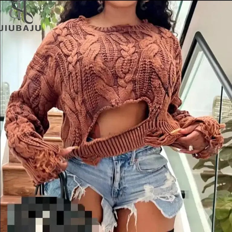 2024 Spring New Item Fashion Hollow Out Knitted Crop Washed Sweater Ladies Pullover Long Sleeve Sweater