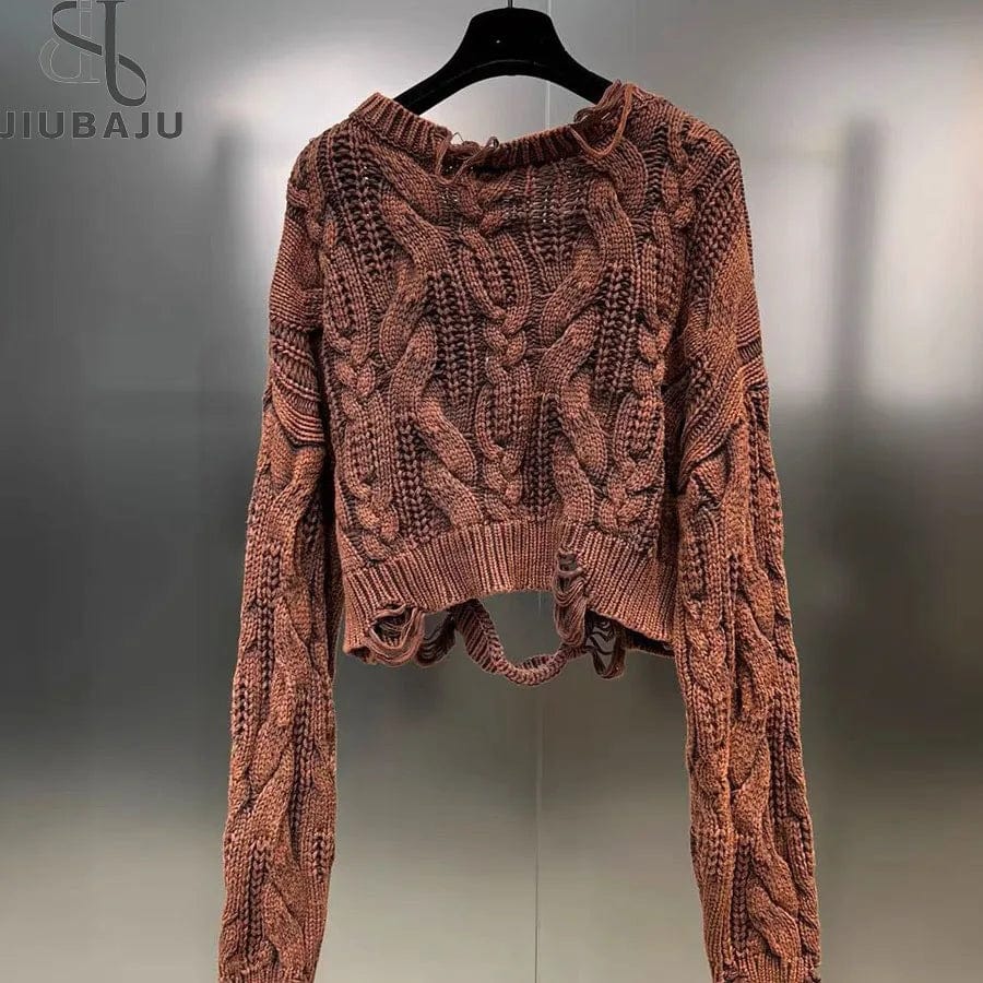 2024 Spring New Item Fashion Hollow Out Knitted Crop Washed Sweater Ladies Pullover Long Sleeve Sweater