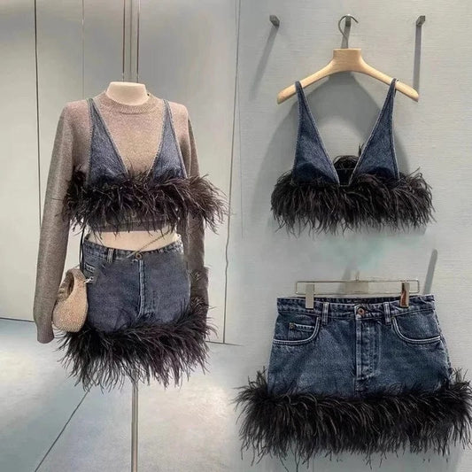 2024 Spring New Niche Design Small Two-Piece Denim Set V-Neck Strap Feather Decoration And High Waisted Skirt Slimming Set