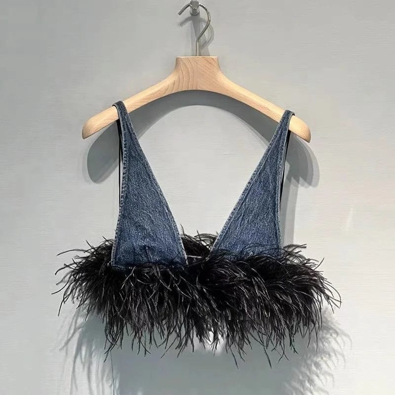 2024 Spring New Niche Design Small Two-Piece Denim Set V-Neck Strap Feather Decoration And High Waisted Skirt Slimming Set