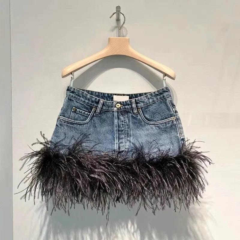 2024 Spring New Niche Design Small Two-Piece Denim Set V-Neck Strap Feather Decoration And High Waisted Skirt Slimming Set