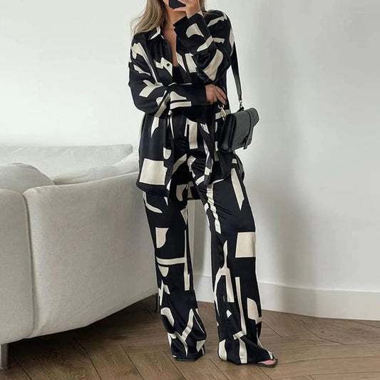 2024 Spring New Women's Elegant Set Geometric Print Casual Matching Set Bohemian Top Wide Leg Pants Casual 2-piece Set