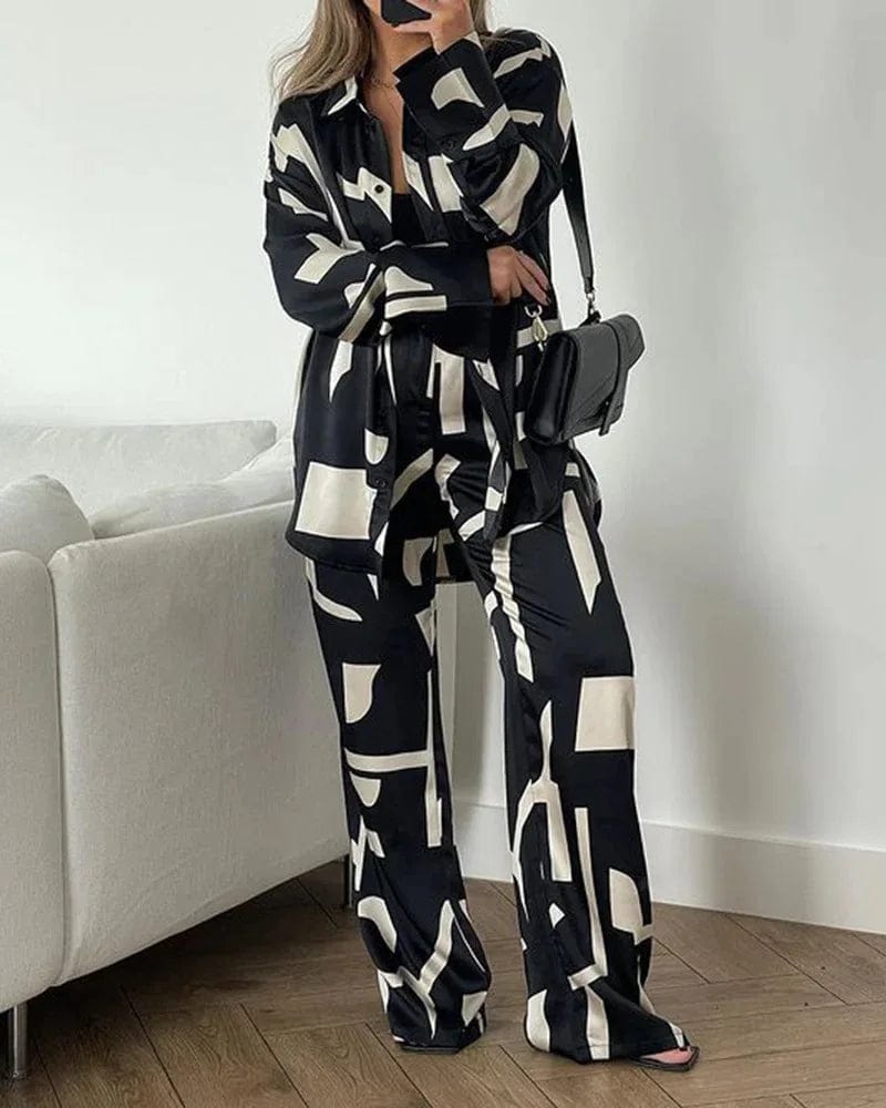 2024 Spring New Women's Elegant Set Geometric Print Casual Matching Set Bohemian Top Wide Leg Pants Casual 2-piece Set