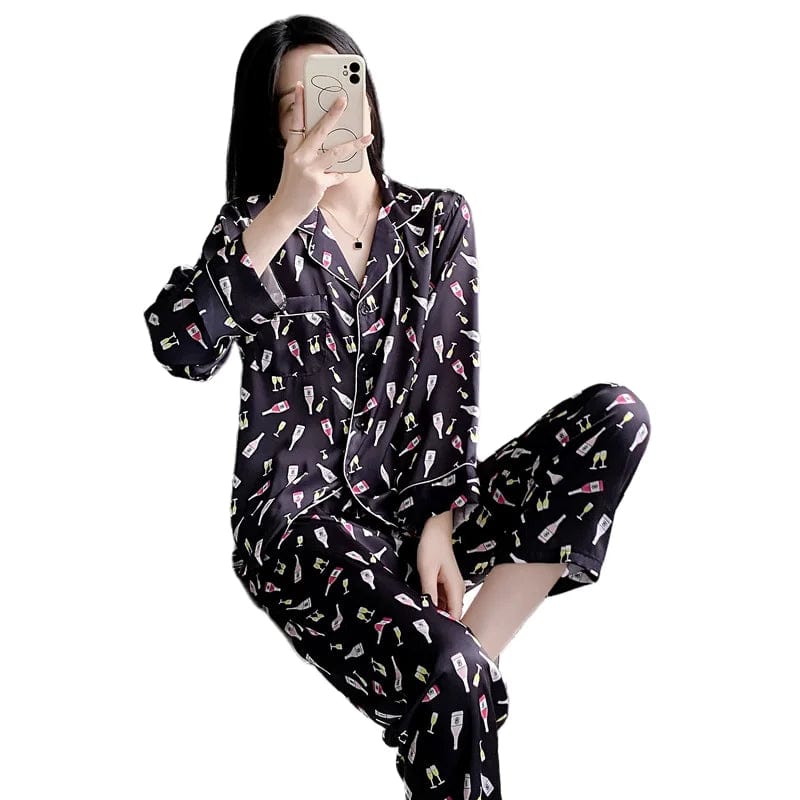 2024 spring new women's silk pajamas long sleeve pants night suit lovely print ladies home wear casual plus size sleepwear