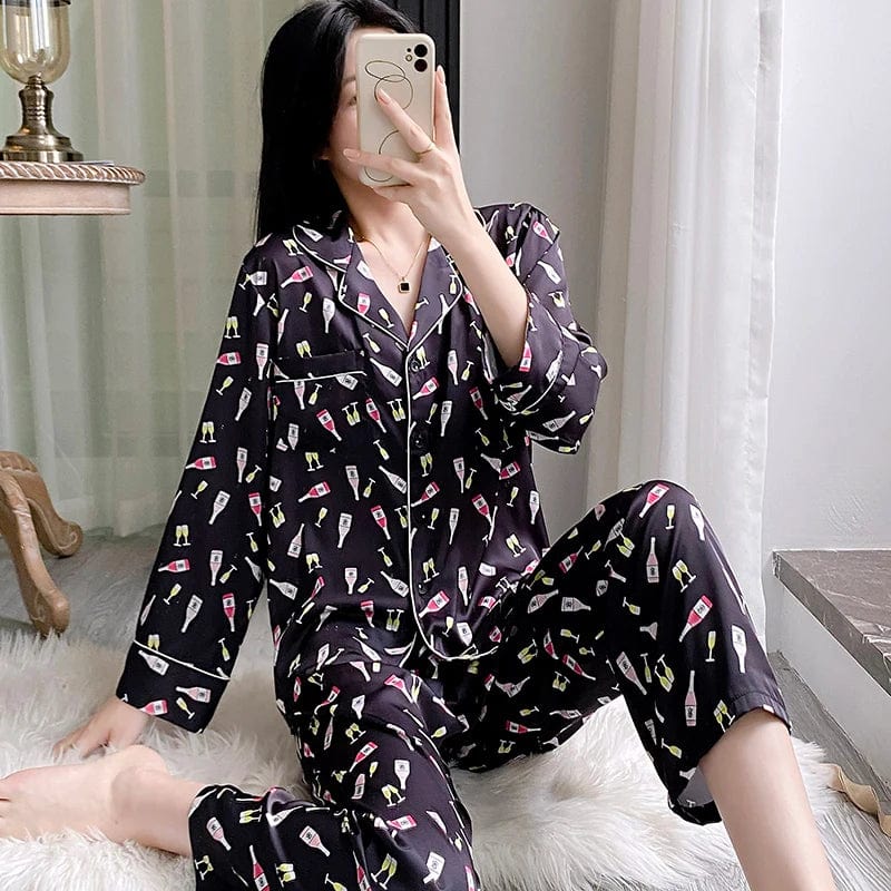 2024 spring new women's silk pajamas long sleeve pants night suit lovely print ladies home wear casual plus size sleepwear