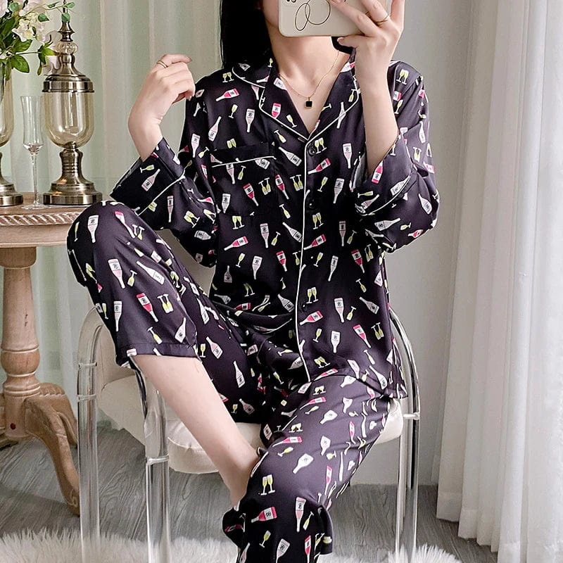 2024 spring new women's silk pajamas long sleeve pants night suit lovely print ladies home wear casual plus size sleepwear