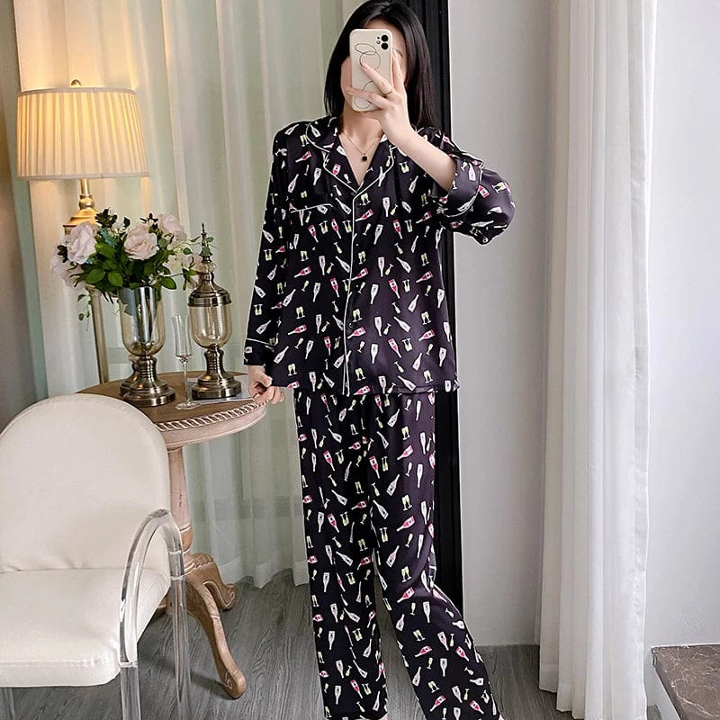 2024 spring new women's silk pajamas long sleeve pants night suit lovely print ladies home wear casual plus size sleepwear