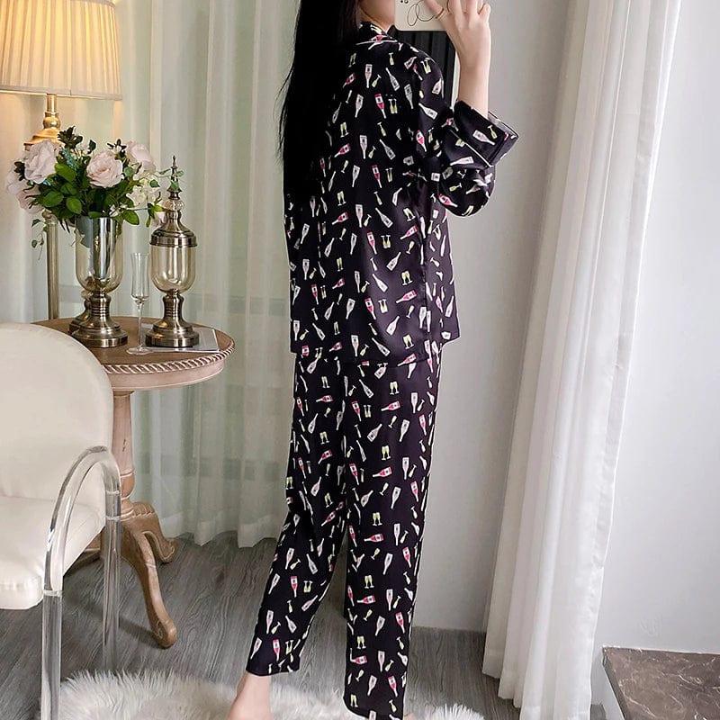 2024 spring new women's silk pajamas long sleeve pants night suit lovely print ladies home wear casual plus size sleepwear