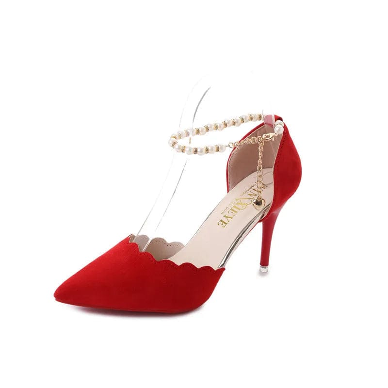 34 / Red 8CM New WomenHigh heels pointed Shoes Woman Sexy High Heels a word buckle shallow mouth Female mature sexy women shoes