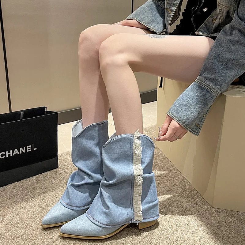 38 / Blue PDEP Tassel western Cowboy boot for women 2023 new pointy toe block thick heel large sleeve short  denim boots women shoes