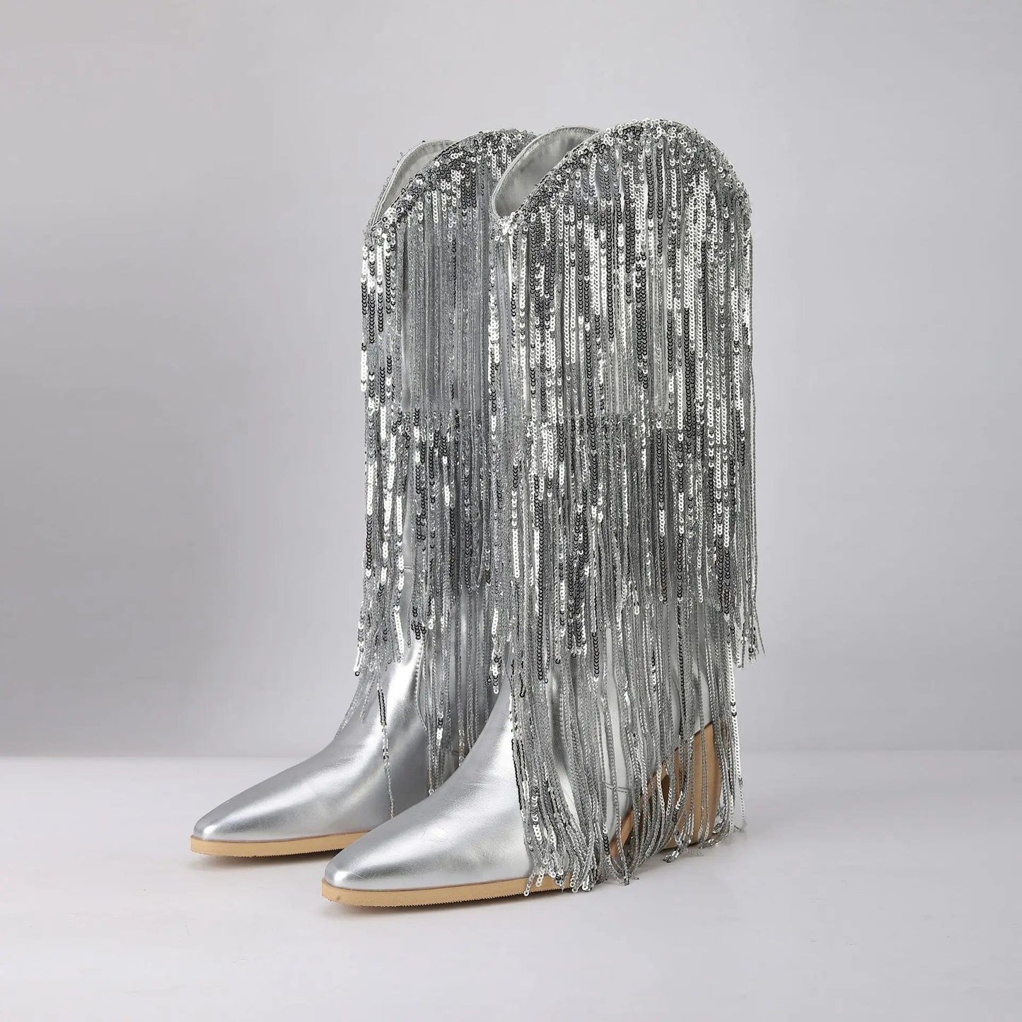 4.5 / silver BUSY GIRL XJ4942 women's winter boots ladies shoes 2024 trending hot pink sliver botas de mujer sequin tassel cowboy boots