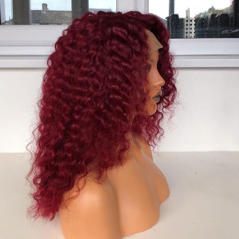 #99j dark red color kinky curly 200% density virgin human hair lace frontal wigs for women HD 4x4 lace closure wigs - SN Wigs & More