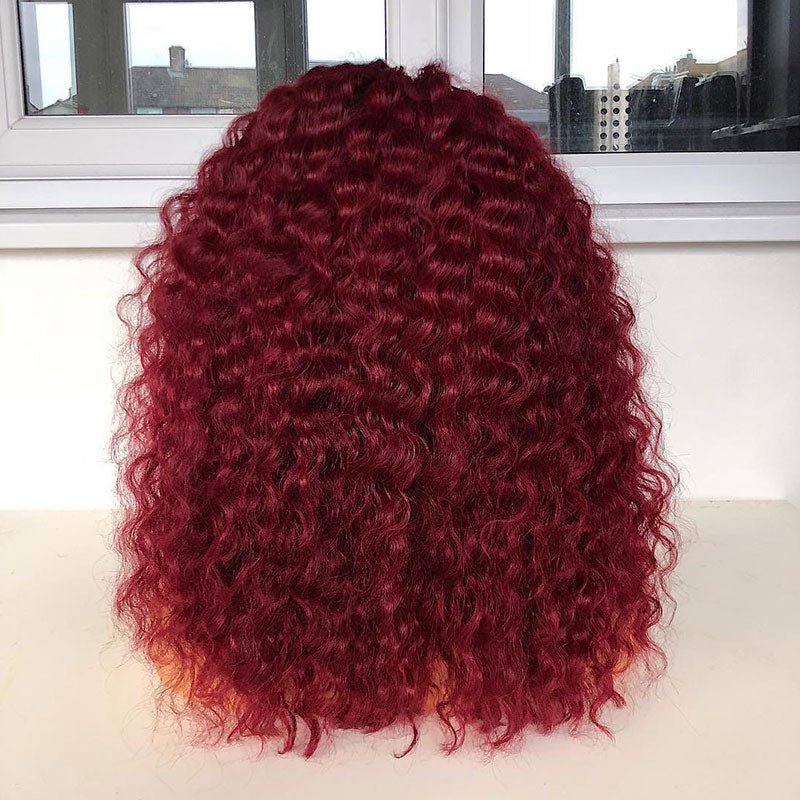 #99j dark red color kinky curly 200% density virgin human hair lace frontal wigs for women HD 4x4 lace closure wigs - SN Wigs & More