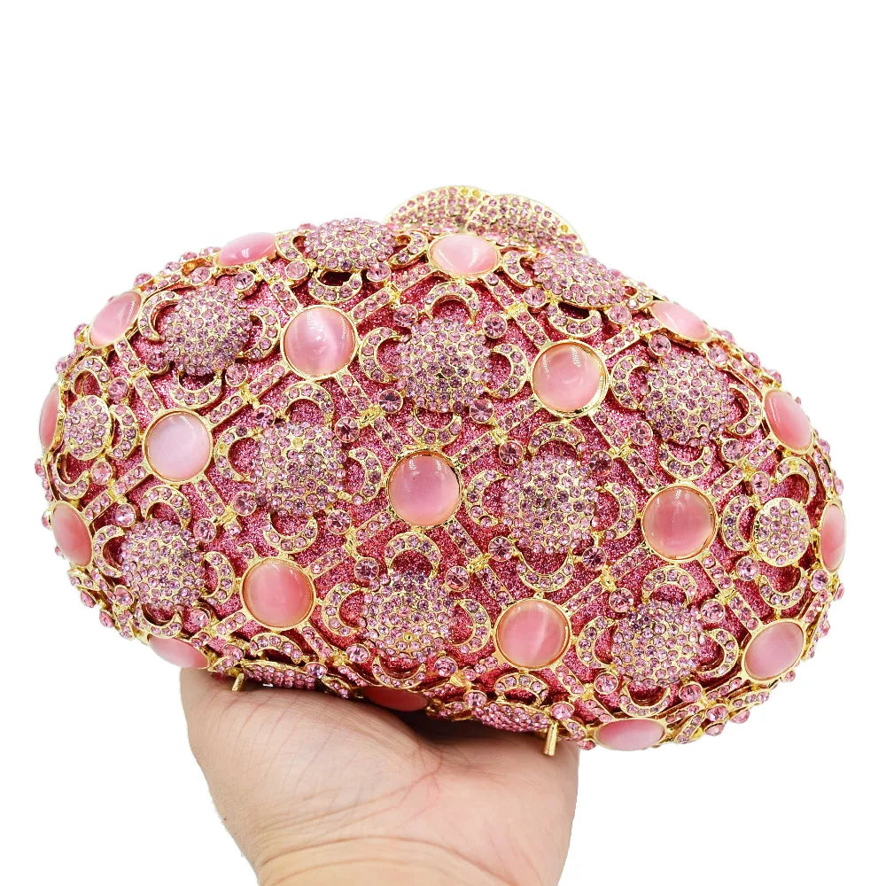 Deluxe Pink Crystal Clutch Purse Women Chain Box Evening Bag SC750