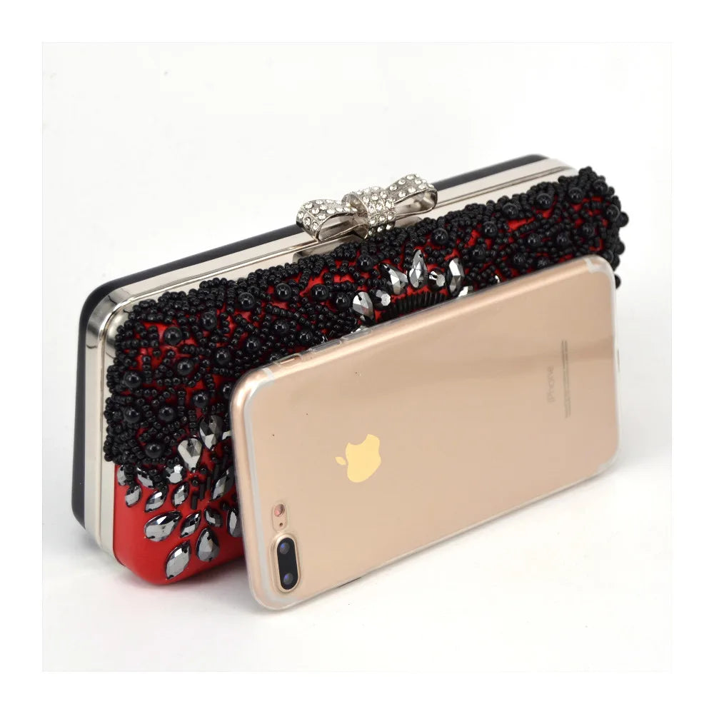 Black Beading Red Pu Women Clutch Evening Bag With Chain diamonds luxurious Day Clutches messenger shoulder Bag wallet handbags