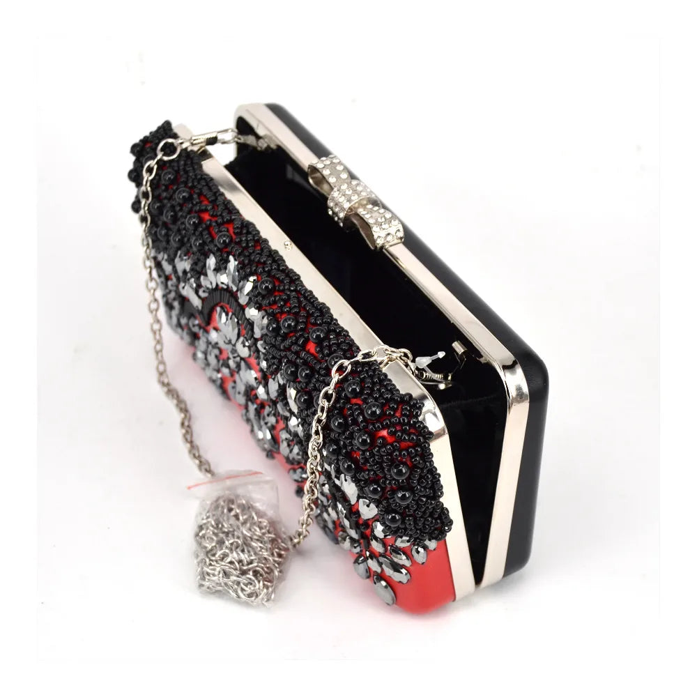 Black Beading Red Pu Women Clutch Evening Bag With Chain diamonds luxurious Day Clutches messenger shoulder Bag wallet handbags