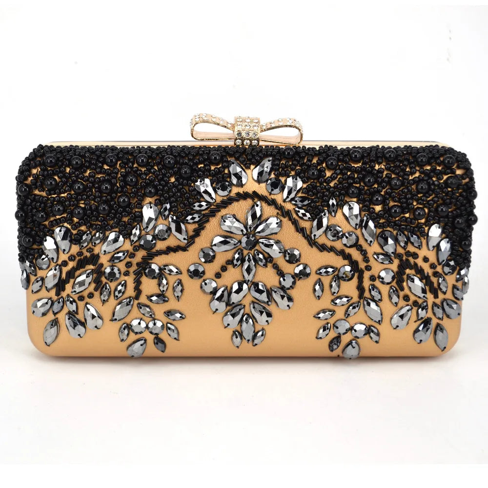 Black Beading Red Pu Women Clutch Evening Bag With Chain diamonds luxurious Day Clutches messenger shoulder Bag wallet handbags