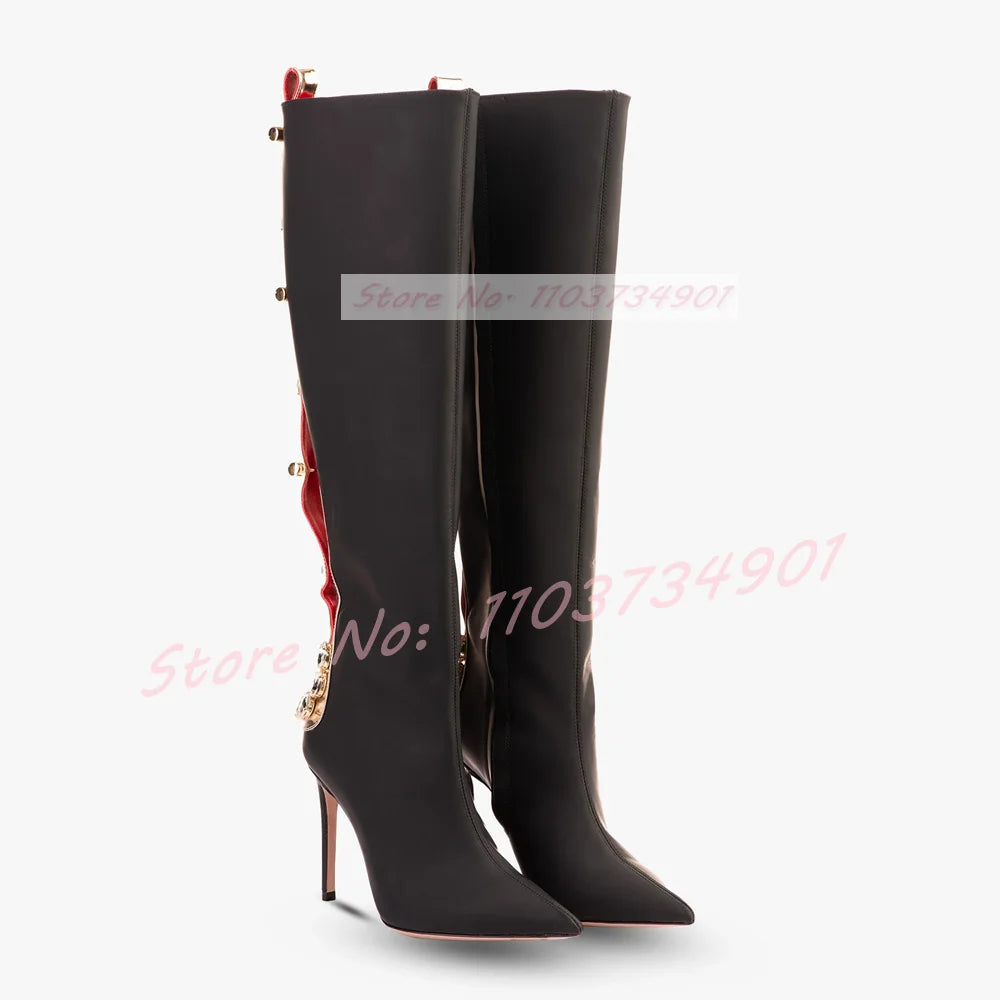 Gold Metal Rivets Knee Length Boots Women Black Leather Pointed Toe High Heels Shoes Female Sexy Retro Big Size Stiletto Boots